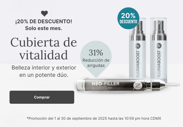 A promotional banner for a combo of Neora’s Neo-FILLER and NeoraFit Slim + Skin. Featured is text reading ”20% OFF this month only.” and a “Shop Now” button underneath it.